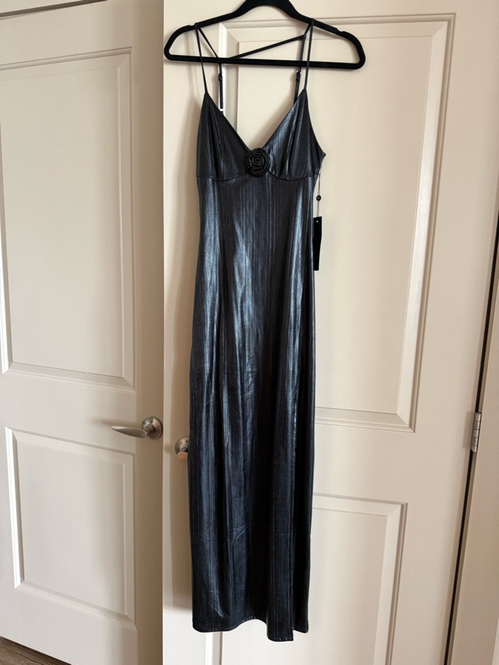 Sleek Black Metallic Slip Dress with Rose Accent